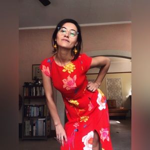 Bright red floral dress